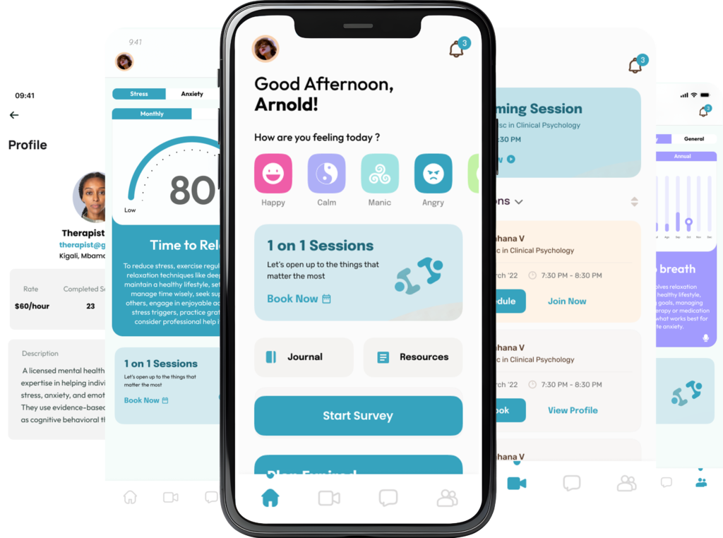 Mentatt mobile app screens showing mood tracking and mental health support